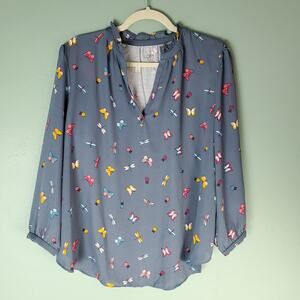 Loft Outlet Womens Gray Butterfly Dragonfly Ladybug Print Blouse Top Size Medium